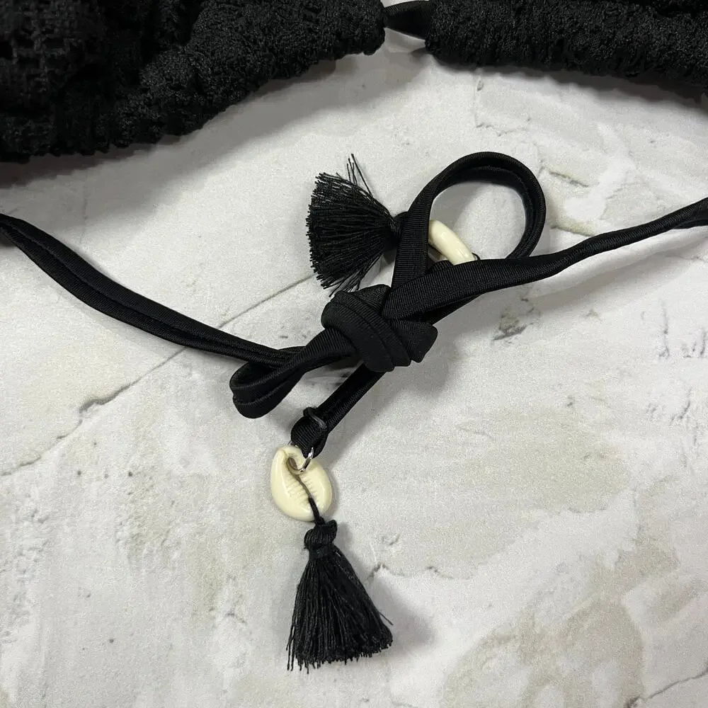 Wild Fable Black Crochet Triangle Bikini Top Size L Tassel Shell Swim Top NWOT